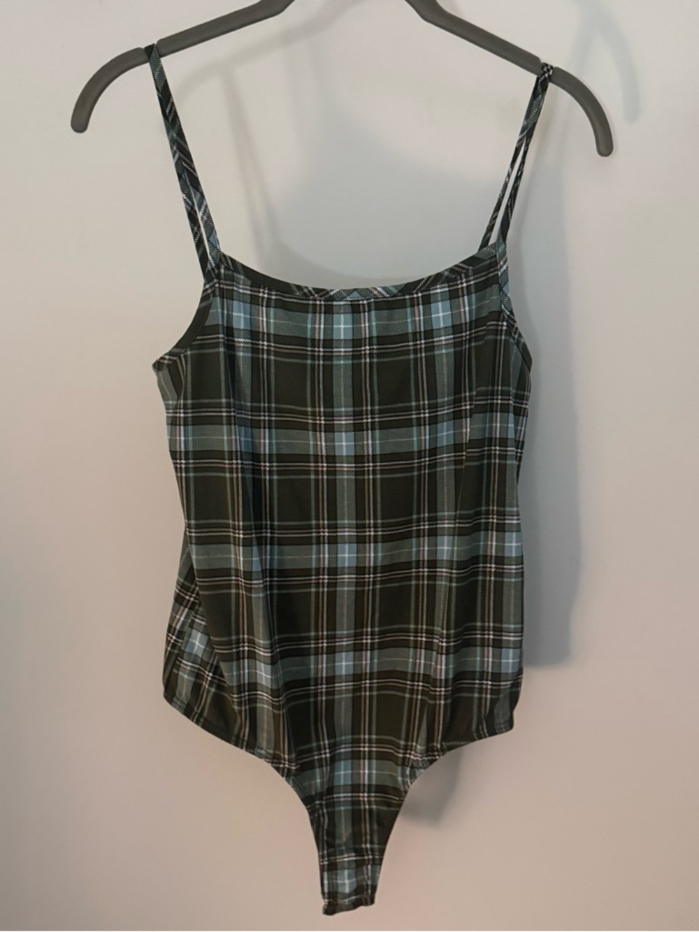 Plaid Spaghetti Strap Bodysuit in Olive and Light Blue